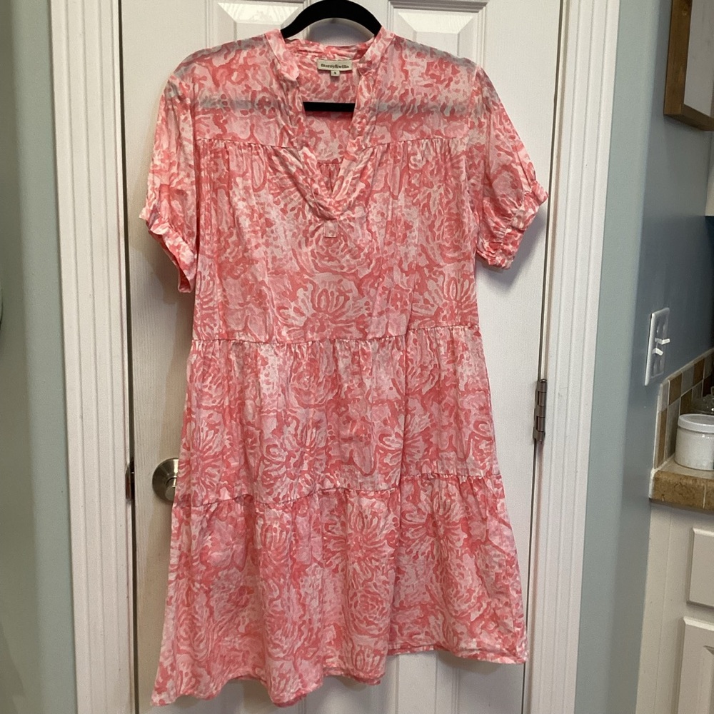 Women's Pink Patterned Short Sleeve Tiered Dress